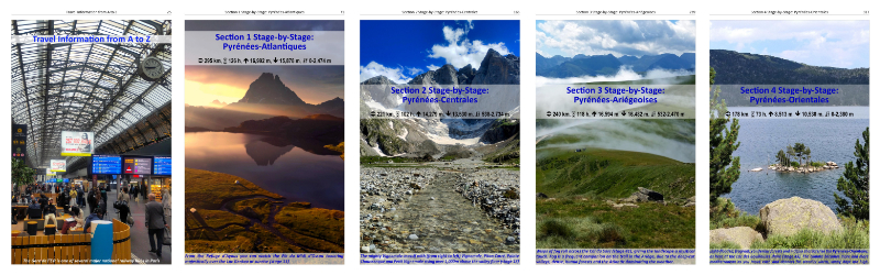 Headerphoto with selection of chapter-startpages of hiking-guidebook Pyrenees Trail GR10 2nd edition